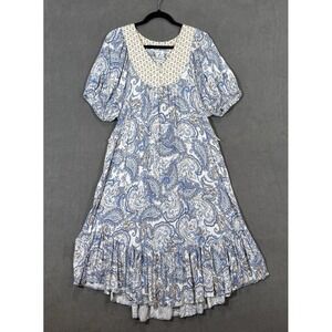 Lucky Brand Maxi Dress Sz M Blue Paisley Ruffle Puff Sleeve Prairie Cottagecore